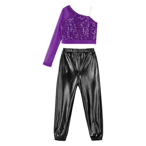 Kids Girl's Crop Top With Pants Performance Tracksuit Metallic Dance Outfit Gym - Picture 80 of 87