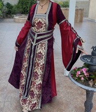 Medieval Renaissance Costume Dress Burgundy Red Velvet Silver Brocade S M L XL