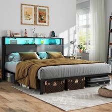 Full Queen King Size Metal Platform Bed Frame with Headboard  Charging Station