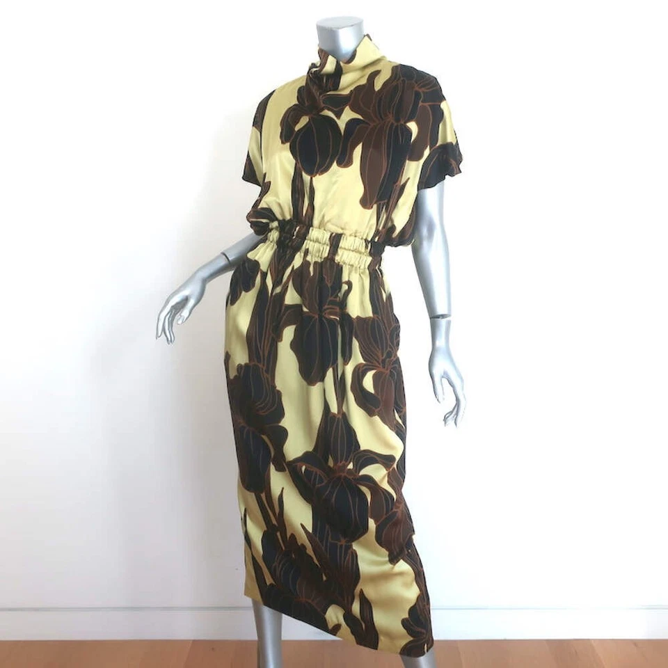 Dries Van Noten Doria Midi Dress Pale Yellow Floral Print Silk Size Extra Small - Image 2 of 4