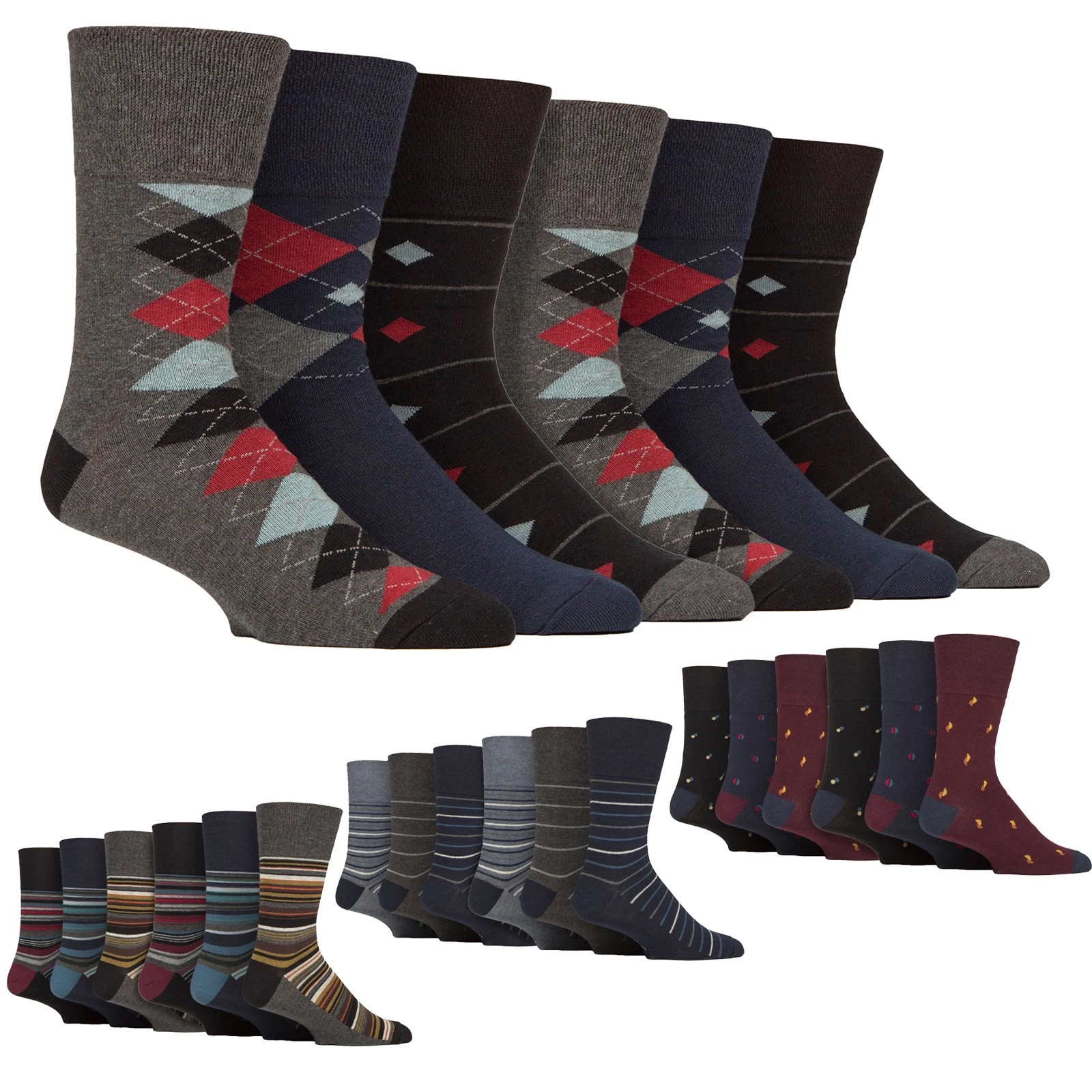 Gentle Grip - 6 Pairs Mens Cotton Socks | Patterned Non-Binding Everyday Socks