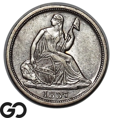 1837 Seated Liberty Half Dime, Small Date, No Stars, Choice AU++/Unc Key Date!