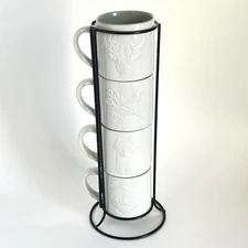 Set of 4 Stackable Bear Deer Bird and Fox White Coffee Mugs Metal Stand Nature
