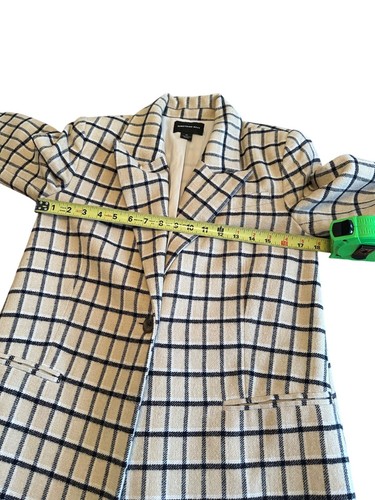 Something Navy Womens XS Plaid Wool Blend Long Topper Coat Beige & Blue Edgy - Picture 5 of 12