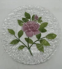 Fused Art Glass Pink Rose And Green Leaf Large Plate 10” Unsigned