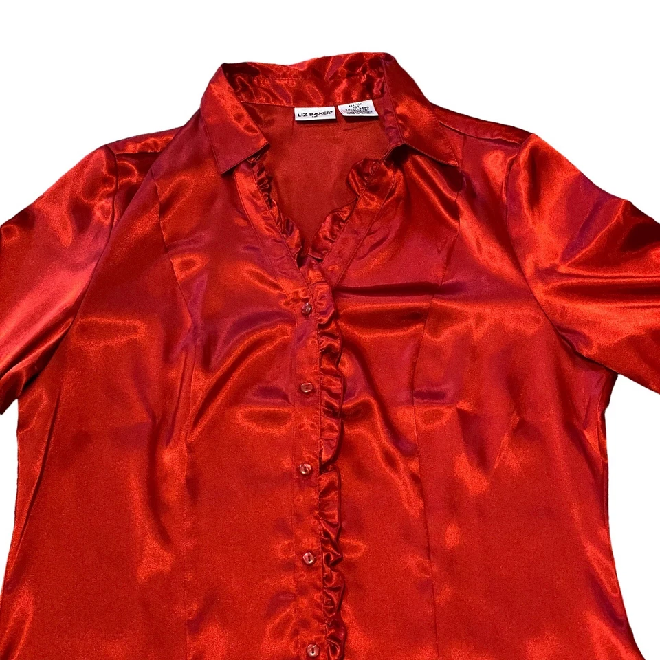 Liz Baker 女式衬衫 16 码红色缎面纽扣荷叶边圣诞盛装 — 第 2/4 张图片