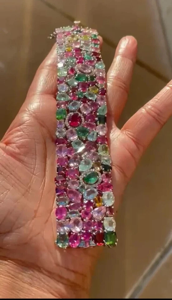 75.80TCW Prong Set Brilliant Multi Shape & Color Stone Wide Engagement Bracelet - Image 4 of 4