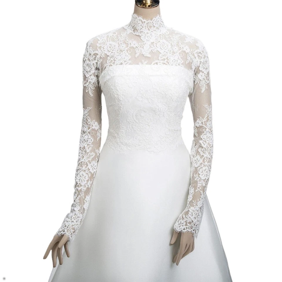Chaqueta de novia de encaje blanco apliques mangas largas novia top accesorios chaqueta Foto 3 de 4