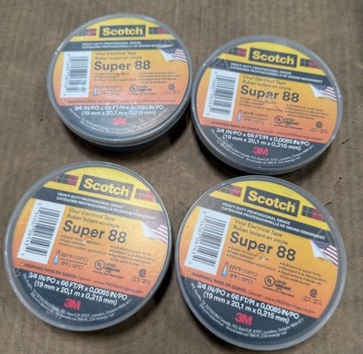 Lot of 4 Rolls 3M Scotch Super 88 Black 3/4'' x 66 ft Vinyl Electrical Tape