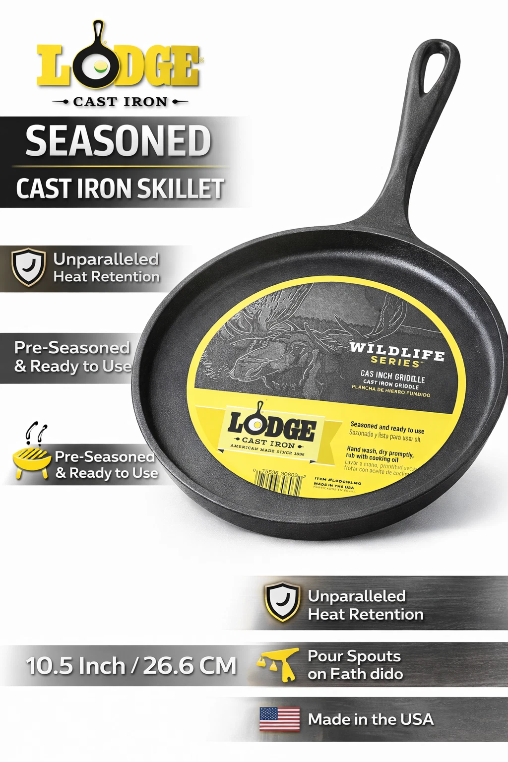 Lodge 10.5" Cast Iron Skillet Wildlife Series Moose Pre-Seasoned Made in USA