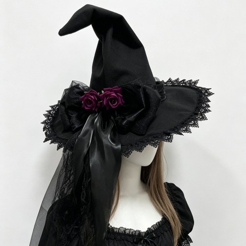 Gothic Witch Hat with Lace Trim & Red Rose Bow - Halloween Cosplay, Lolita, Part