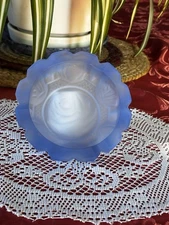 Vintage Blue Frosted Glass Ashtray With A Rose In The Center 5" Wide ~ #2