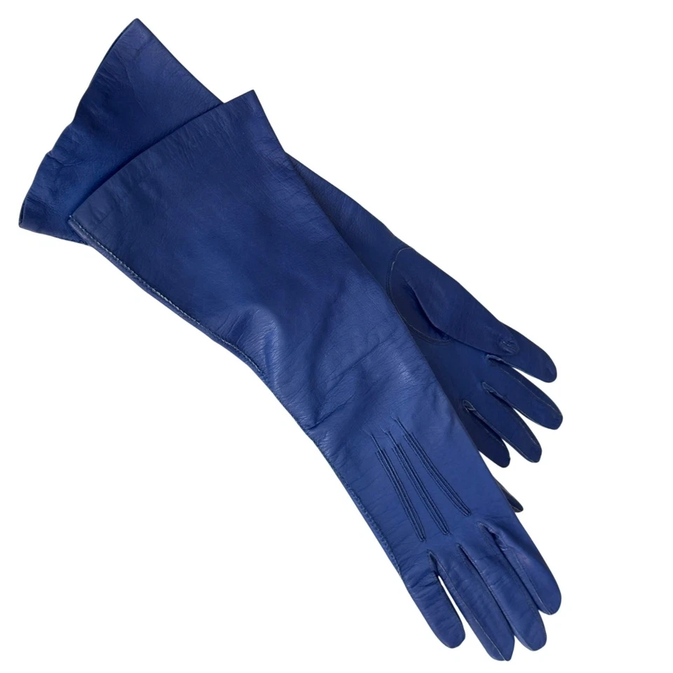 Винтажные синие детские кожаные женские французские перчатки длиной до локтя 13 дюймов 1950-е размер 6 - Изображение 3 из 4