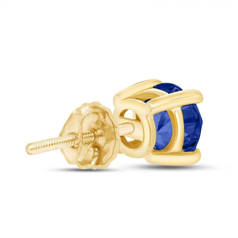 Pendientes individuales de zafiro azul simulado de corte redondo de oro amarillo de 14 quilates para hombre Foto 3 de 4
