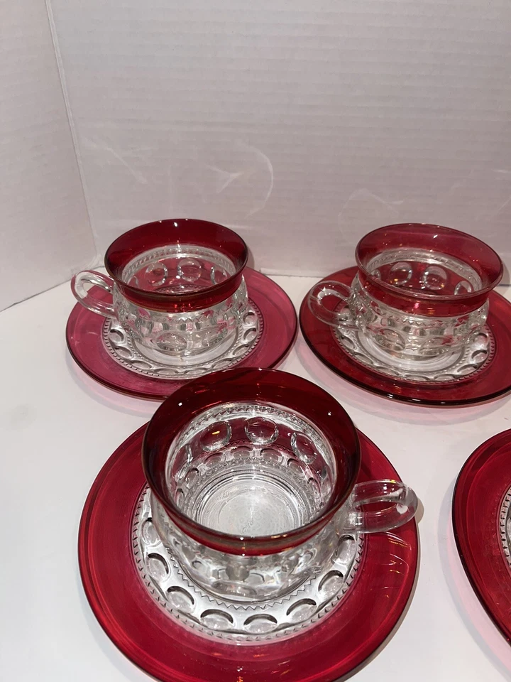 5 Vintage Tiffin KINGS CROWN Ruby Red Thumbprint Cup & Saucer’s Mint! - Image 3 of 4