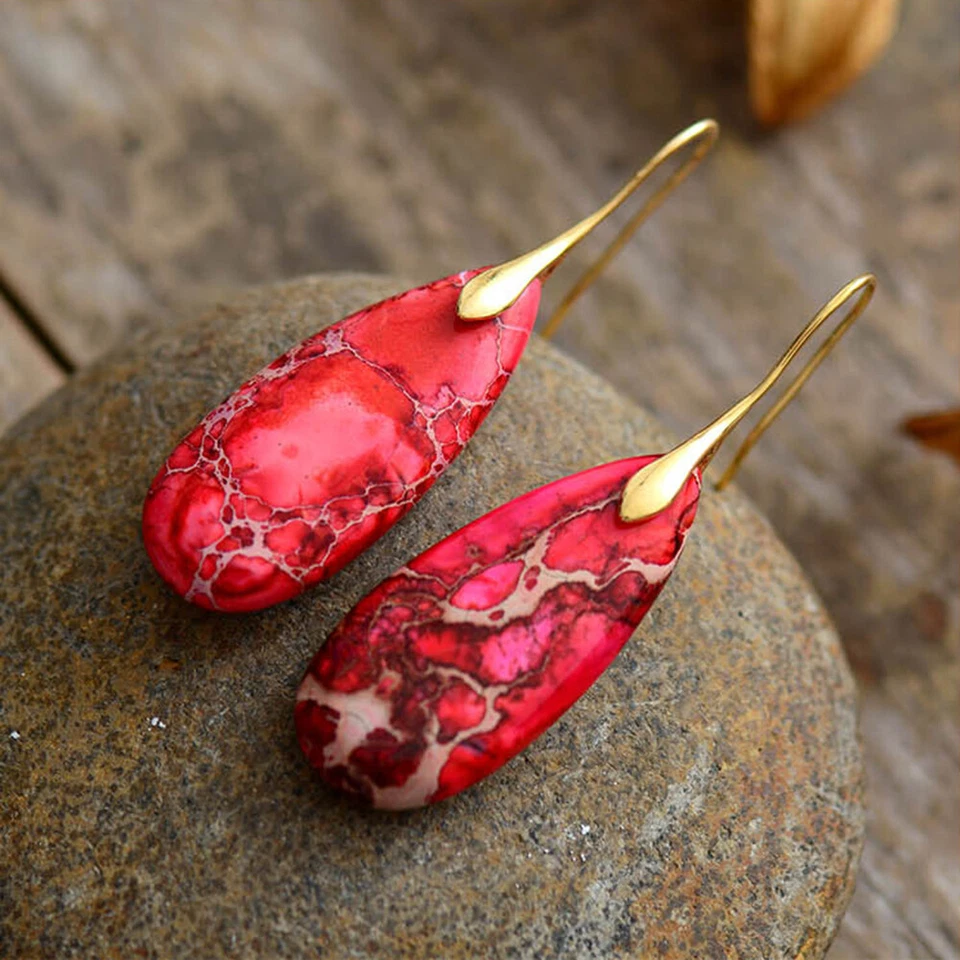 Natural Red Imperial Jasper Teardrop Dangle Earrings Red Gemstone Drop Earrings - Image 2 of 3