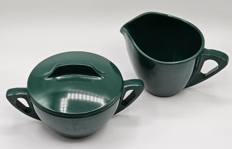 Prolon Ware Melamine Creamer & Sugar Plastic Forest Green Mid Century Vintage - Image 2 of 4