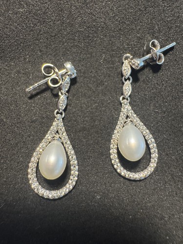 Vintage-Inspired Freshwater Cultured Pearl, White Topaz Drop St Silver Earrings
