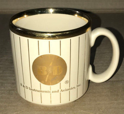 B & D Instruments and Avionics Coffee Cup Mug Gold Trim NICE Aviation Airplanes