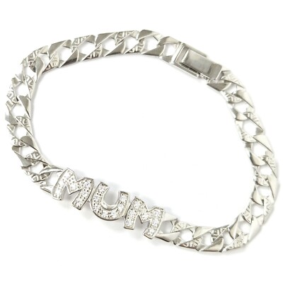 Silver Mum Bracelet Ladies Square Curb Cubic Zirconia Stones Hallmarked 8.1g