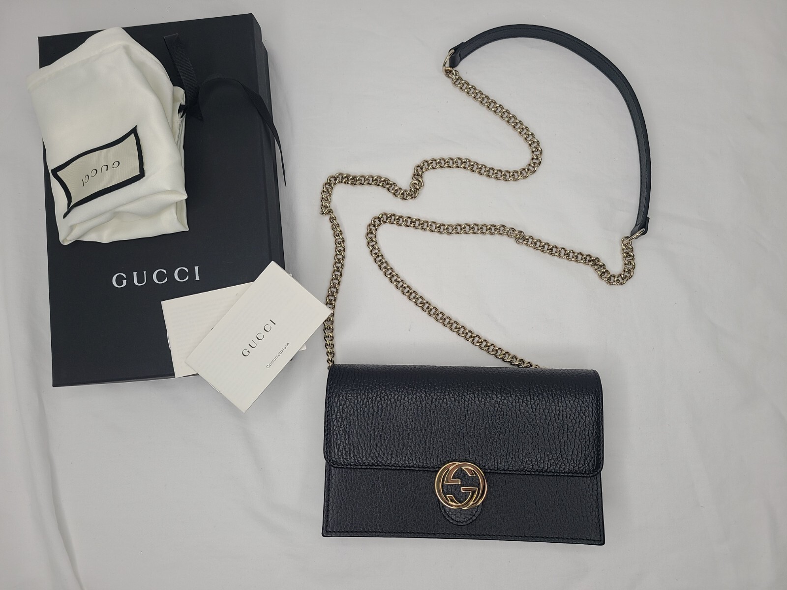 NEW GUCCI Interlocking GG Black Leather Crossbody Bag/Wallet On Chain