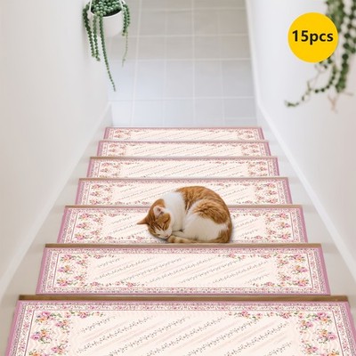 15pcs of Light Pink Minimalist Patterned Printed Stair Mats, Non-Slip Stair Ca