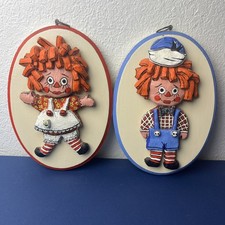 Vintage Raggedy Ann Style Wood Wall Plaques Set Nursery Folk Art Decor