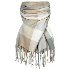 Winter Scarf for Women Cashmere Feel Plaid Warm Long Blanket White Grey