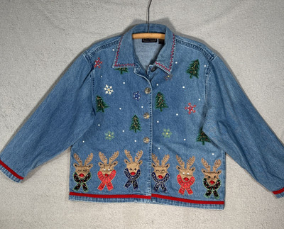New Direction Denim Jean Jacket Womens Size L Ugly Christmas Embroidery Reindeer