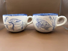 Pair Of Savanna Harbor Pottery Blue & White Outdoor Animal Design Soup Mugs 4”