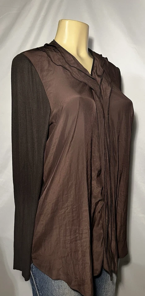 Top Lola & Sophie para mujer con cremallera mezcla de seda con volantes manga larga marrón XL Foto 4 de 4