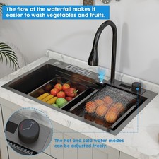 30" Stainless Steel Kitchen Sink Drop-In Single Bowl w/ Waterfall Digital Faucet