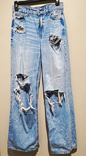 Women s Light Wash Blue Distressed Straight Leg Denim Jeans, Mid Rise 5-Pocket