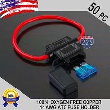 50 Pack 14 Gauge ATC In-Line Blade Fuse Holder 100% OFC Copper Wire + 1A - 40A