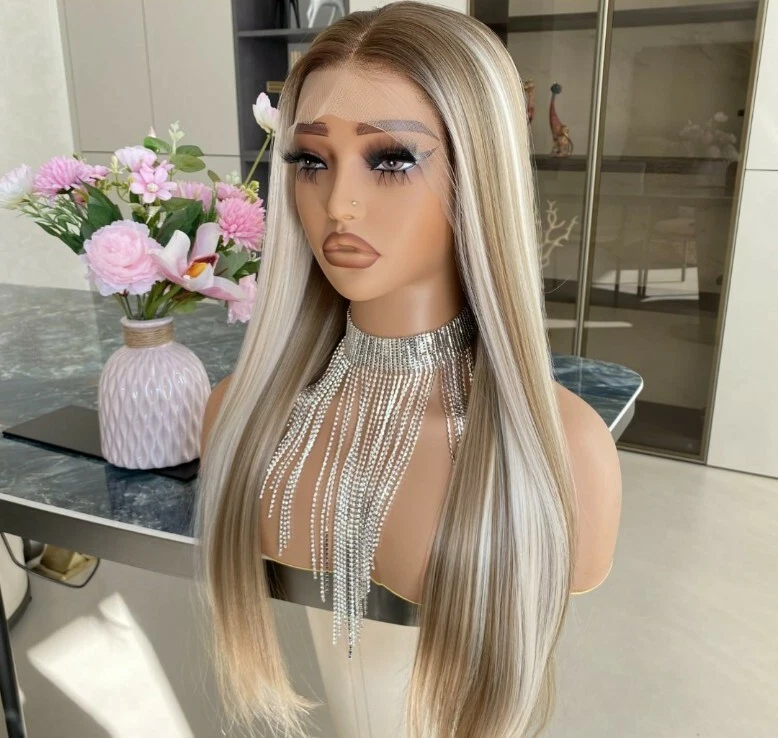 Peluca Ombre Marrón Rubia HD Frontal Encaje Cabello Humano Mezcla Destacados Ondulada Rizada Foto 2 de 4