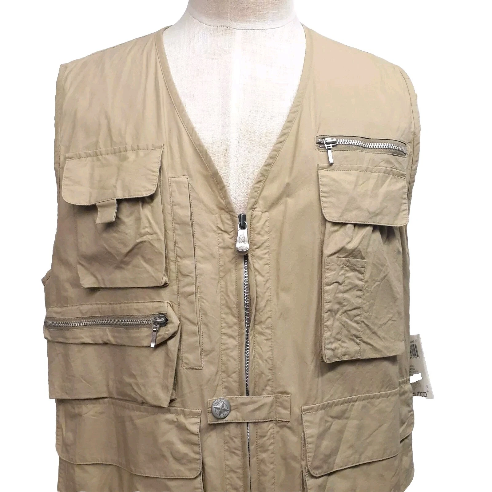 NEW Vintage 90s Nautica Mens Large Cotton Full Zip Vest Jacket Fishing Khaki Tan