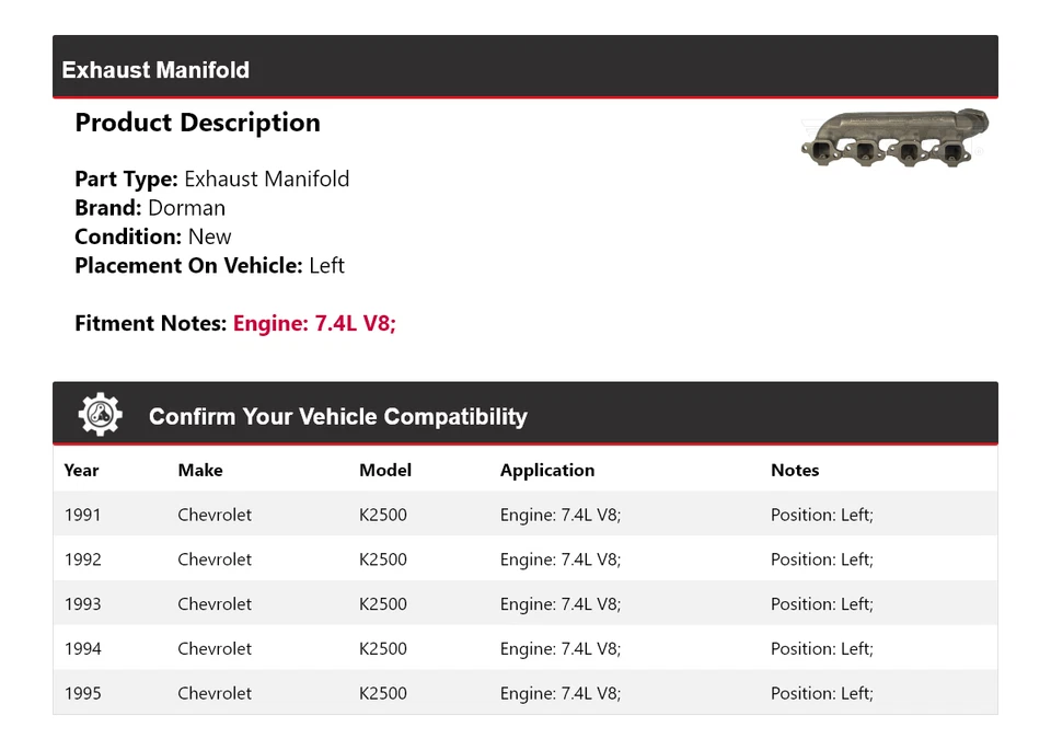 Colector de escape izquierdo para Chevrolet K2500 1991-1995 7,4 L V8 Dorman 1992 1993 Foto 2 de 4