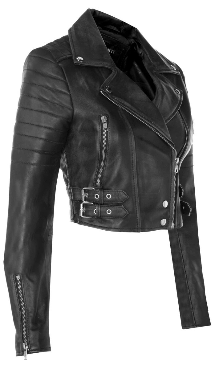 Ladies Cropped Jacket Short Body Gothic Top BLACK Chic Biker REAL LEATHER Jacket eBay