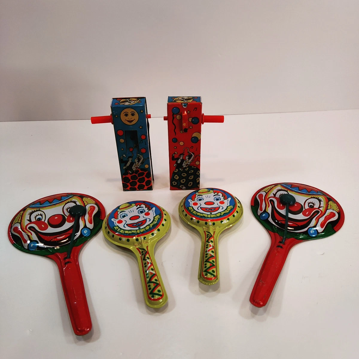 Vintage Lot of 6 Tin Metal Party Noise Makers Clackers Clowns