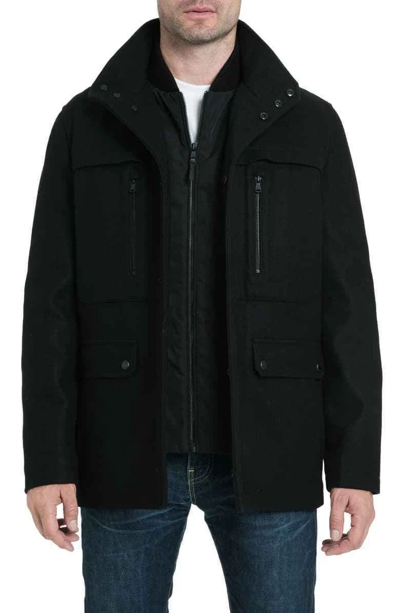Cappotto corto MICHAEL KORS Genova blu navy scuro lana zip davanti tg M nuovo con etichette $295