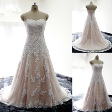 Blush Pink Wedding Dress Strapless White Lace Appliques Sweep Train Bridal Gowns