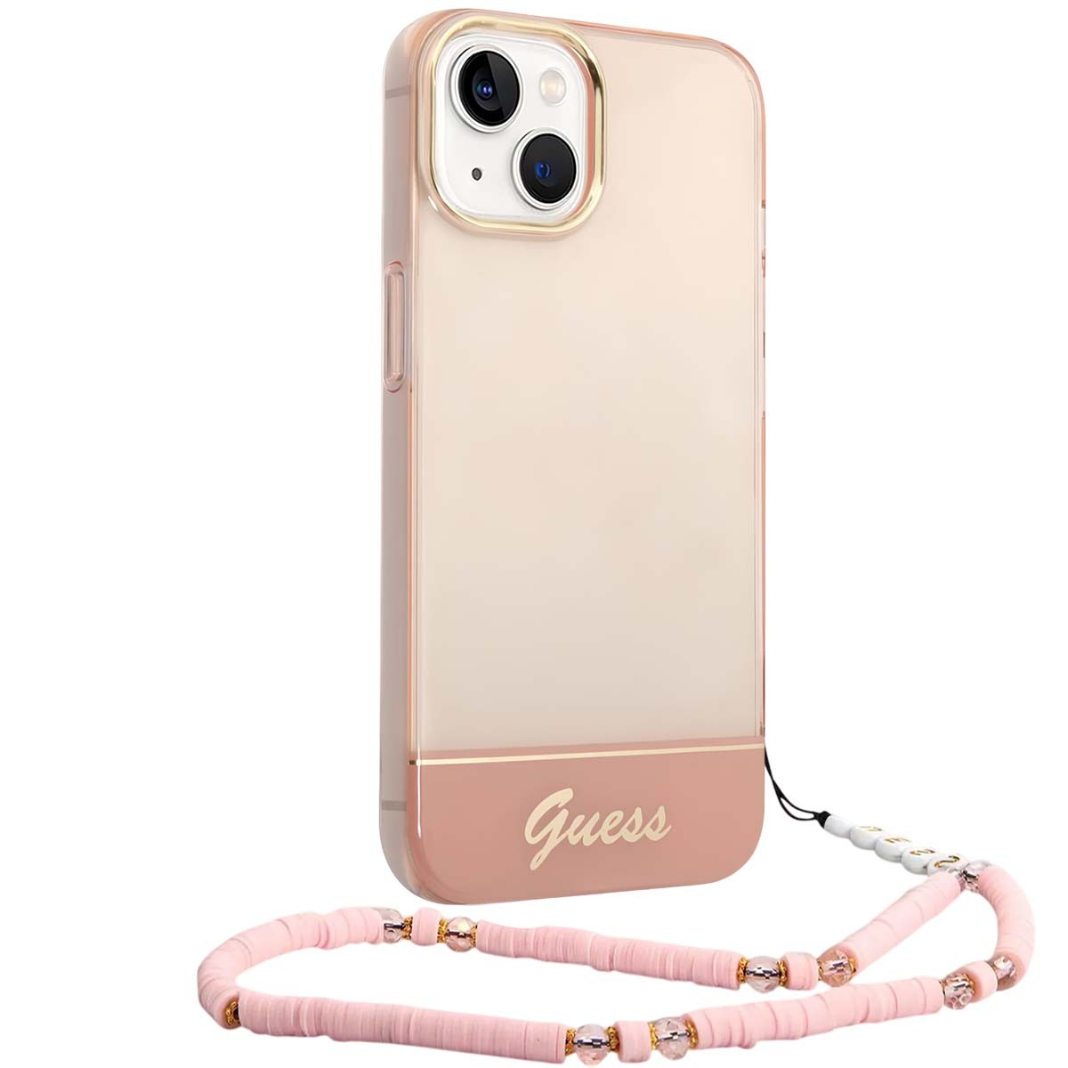 Coque iPhone 14 Plus Guess rose pour sorties et soirées avec cordon