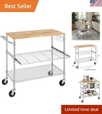 3-Tier Metal and Oak Kitchen Cart with Large Shelves and Wheels