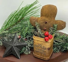 Primitive/Handmade Gingerbread Man in Rustic Can w/ Greens Holiday Tag Christmas