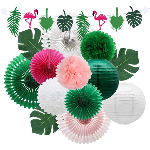 Meiduo Tropical Flamingo Palm Leaves Party Decorations with Paper Fans Paper ...
