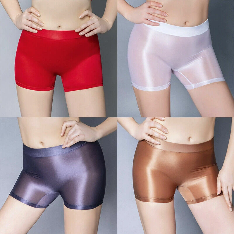 Ladies Oil Shiny Glossy Boxer Shorts See Through Underwear Stretch Nylon  Panties