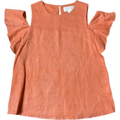 JOA Cold Off Shoulder Top S Terra Cotta Pumpkin Orange Ramie Linen Like Blouse