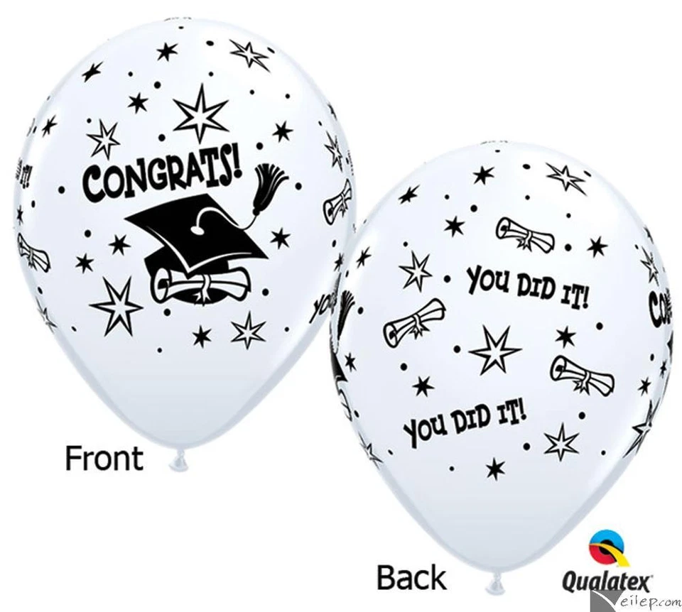 Globos redondos de látex Grad Cap & Diploma Graduación 11", 6 quilates, blanco negro Foto 2 de 2