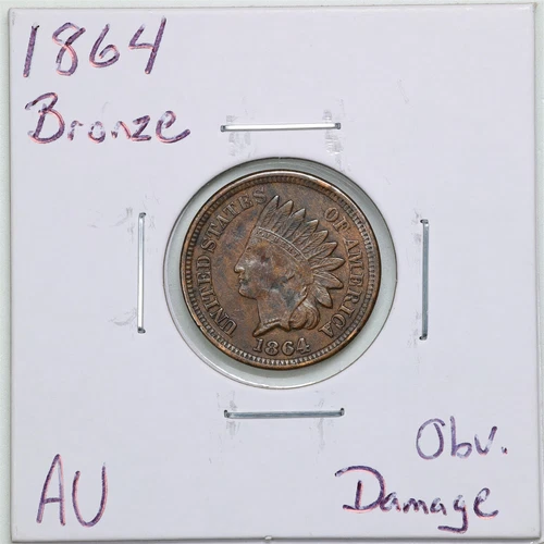 1864 Bronze 1C Indian Head Cent with AU Detail Obverse Damage #4135