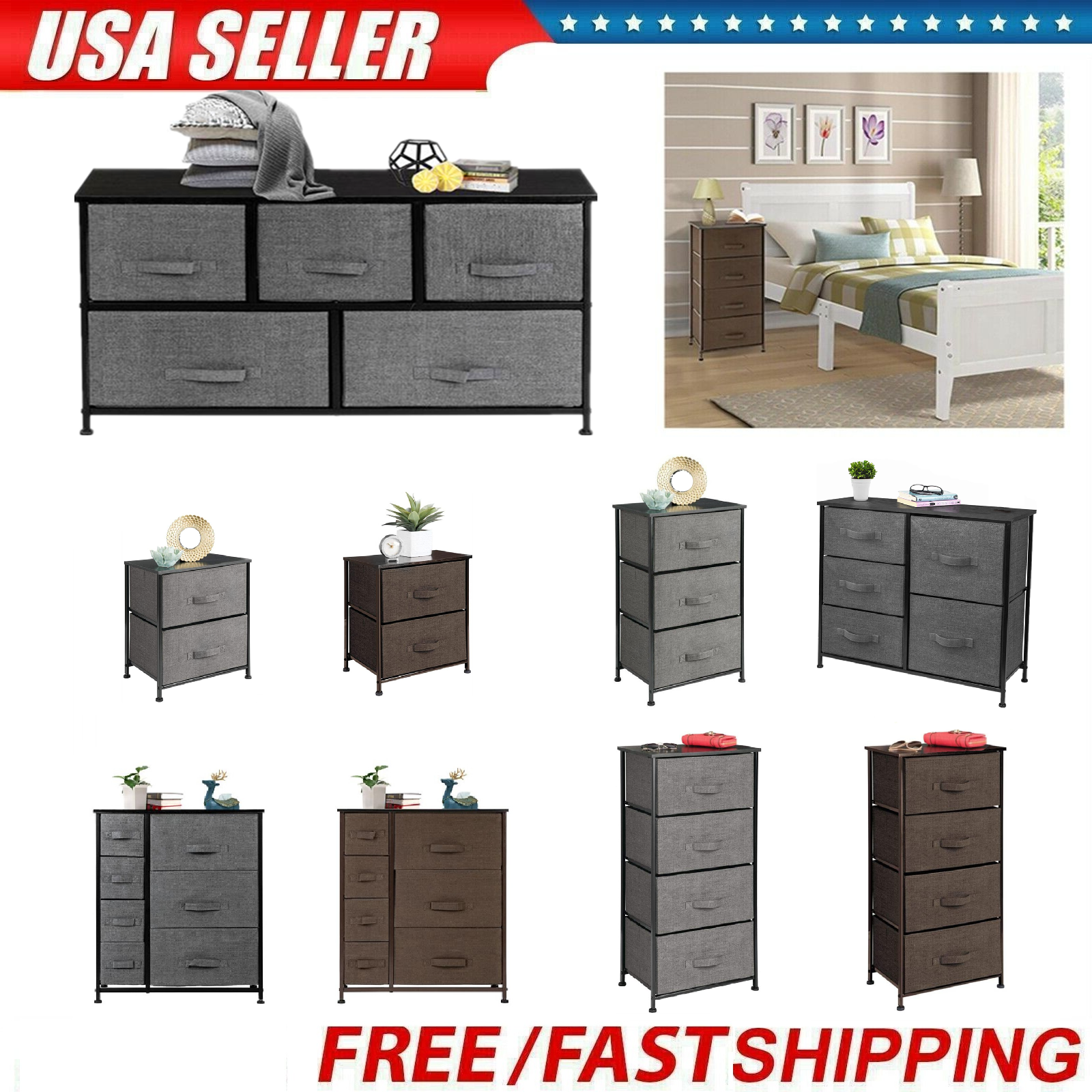 Modern Nightstand with 3/4/5/7 Drawers Bedside End Table Storage Organizer-image